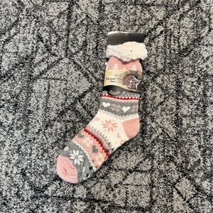Thermal Knit Slipper Socks in Pink and Gray